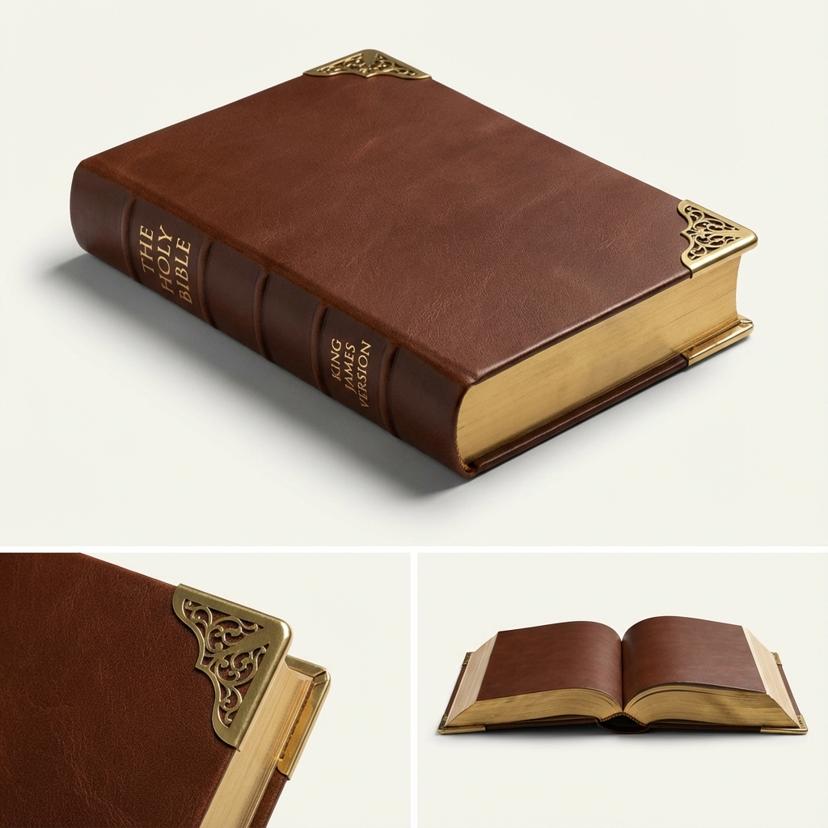 Premium Bible restoration with metal corner clips and gold-edged pages