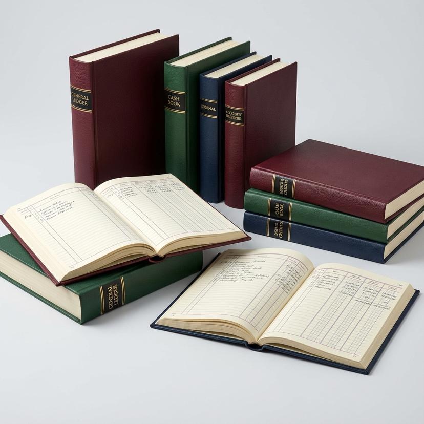 Classic office ledgers and registers with hardbound textured covers and ruled pages